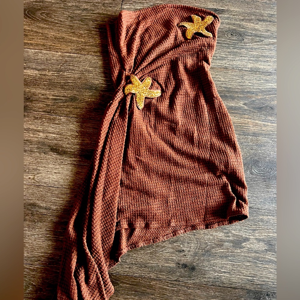 Strapless Brown beach dress with gold starfish appliqués Never worn